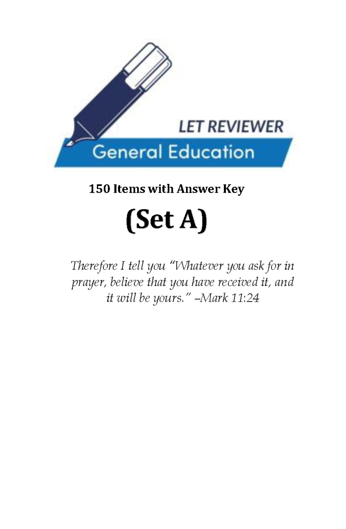 General Education: 150 Item Quiz with Answer Key (SET A) - Studocu