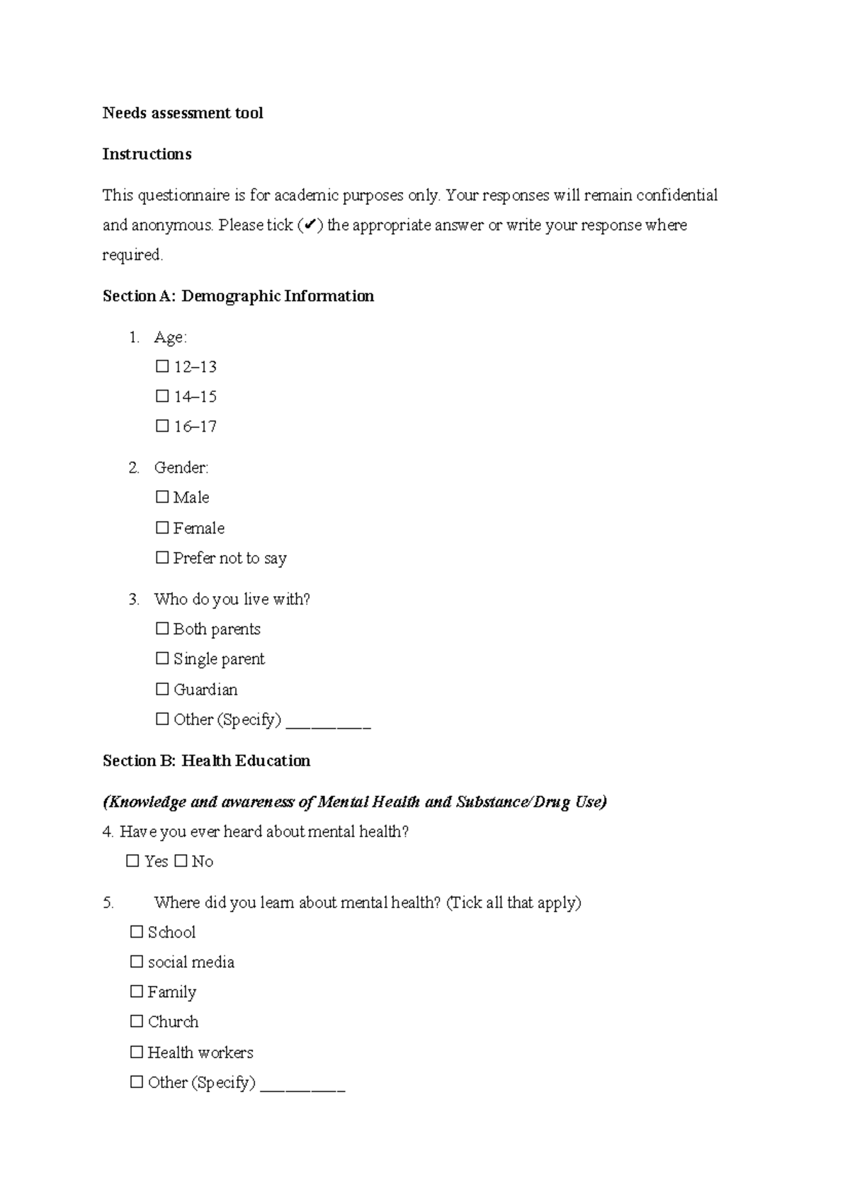 Community Mental Health Needs Assessment Questionnaire - Studocu