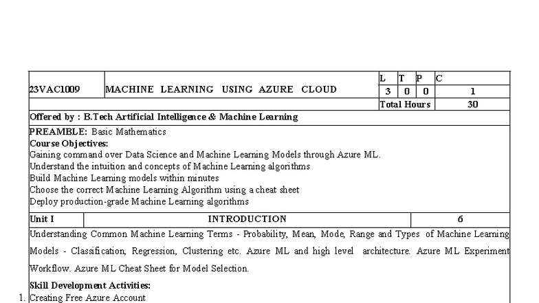 23VAC1009 B.Tech Machine Learning Using Azure Cloud Syllabus - Studocu