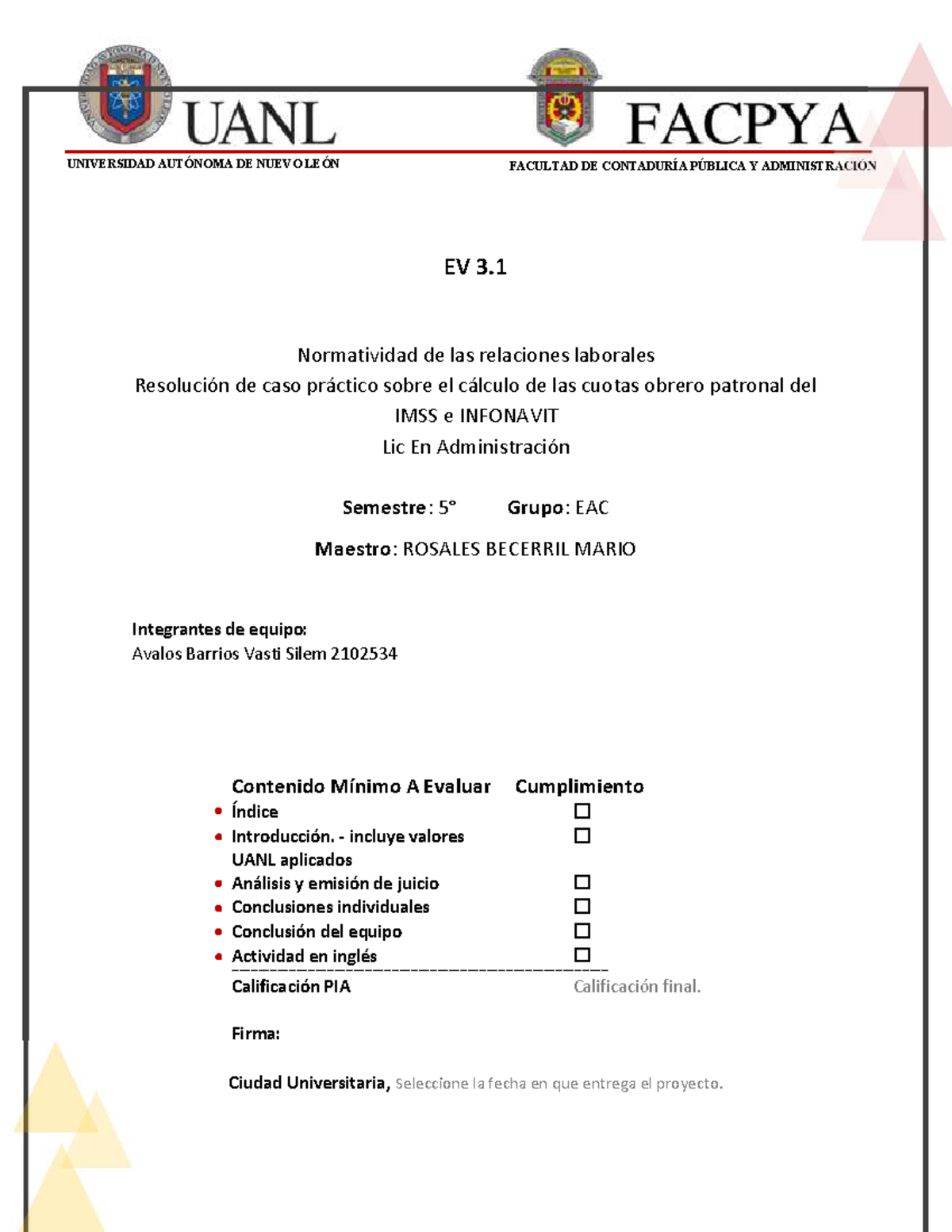 EV 3.1: Cálculo de Cuotas IMSS e INFONAVIT en Relaciones Laborales ...