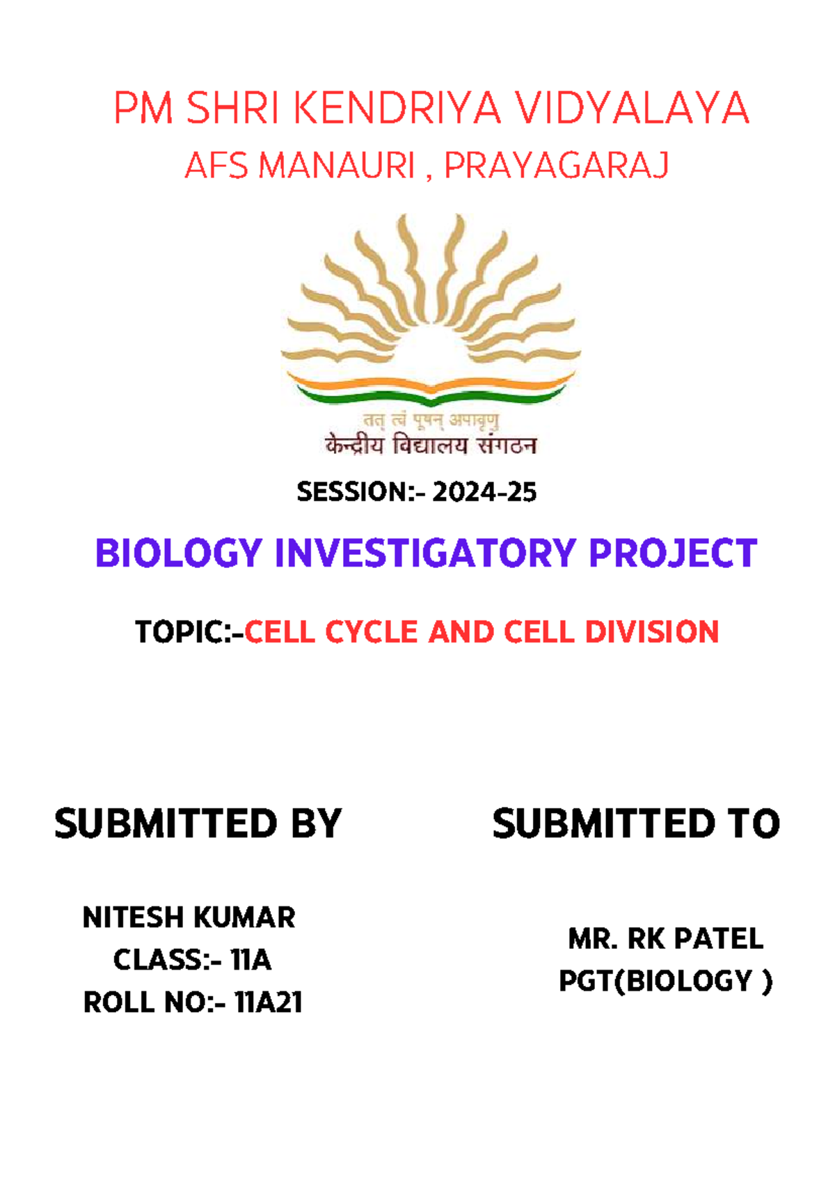 Biology Investigatory Project: Cell Cycle & Division (Class 11A) - Studocu