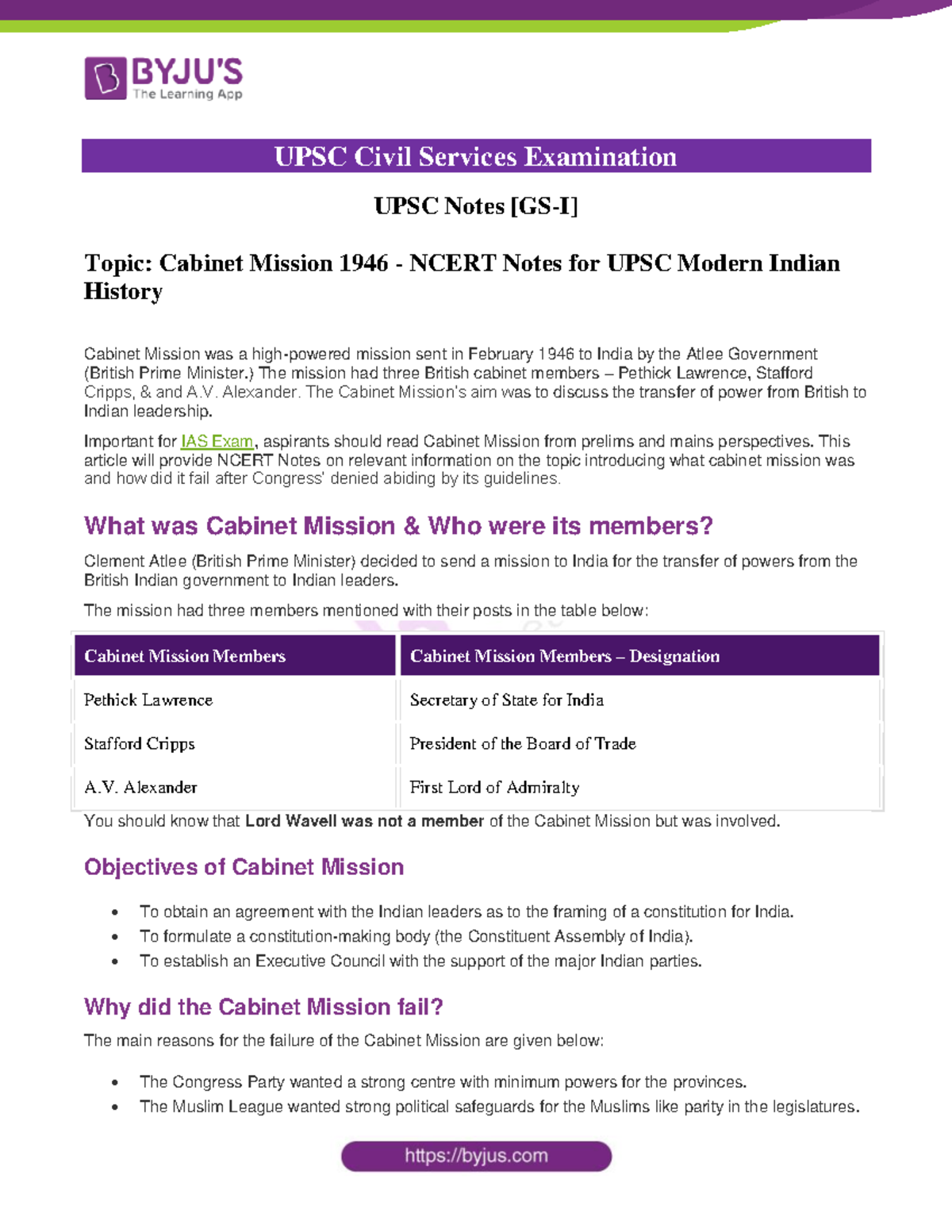 Cabinet Mission 1946 Ncert Notes for UPSC Modern Indian History - UPSC ...