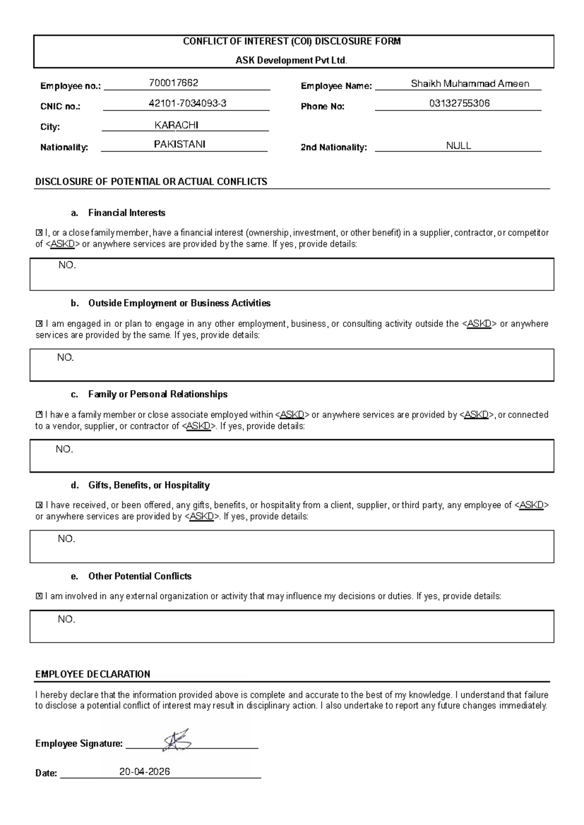 COI Disclosure Form - ASK Development Pvt Ltd - Studocu
