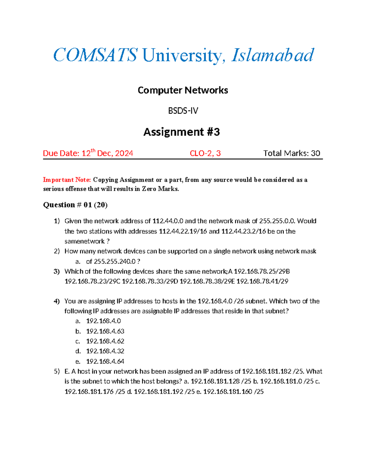 COMSATS University BSDS-IV Computer Networks Assignment 3 Details - Studocu