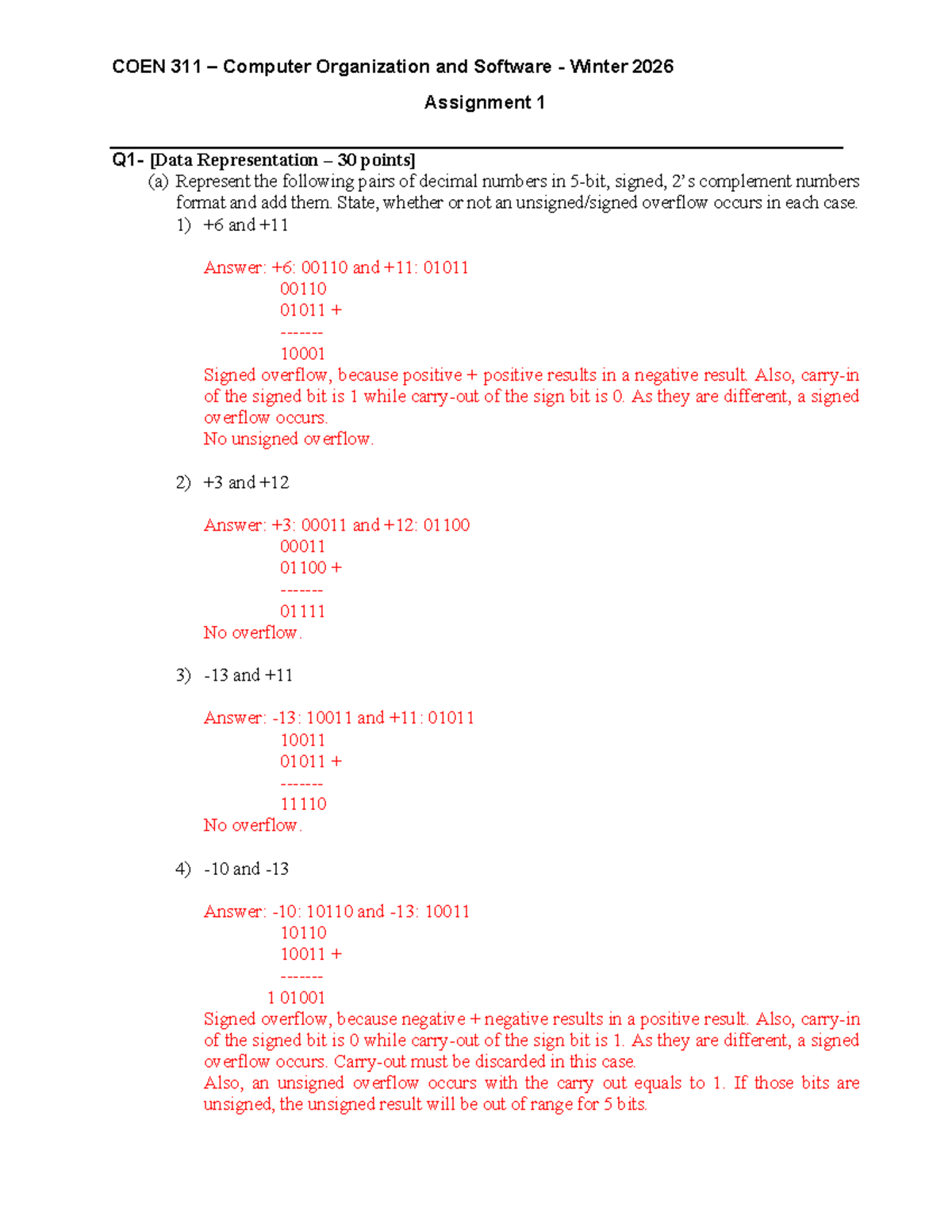 COEN 311 Winter 2026 Assignment 1 Solutions: Number Representation and ...