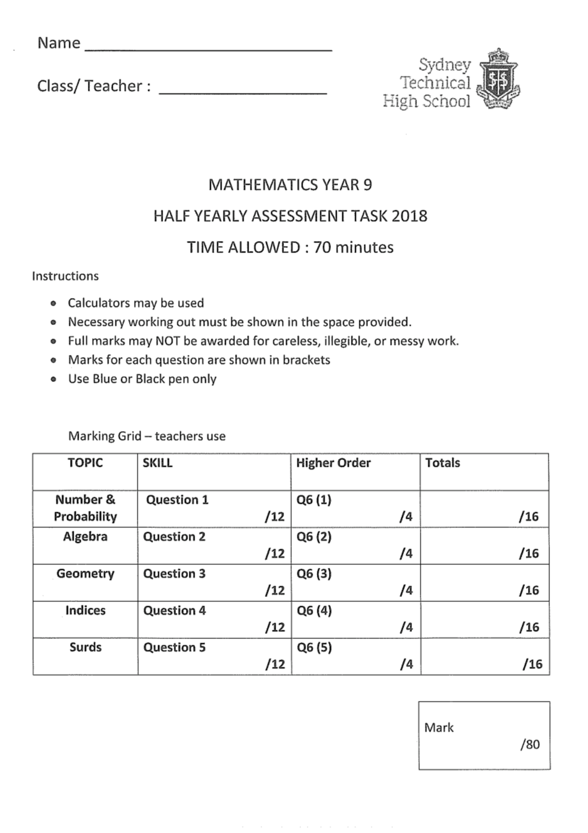 YEAR 9 MATHEMATICS HALF YEARLY ASSESSMENT TASK 2018 - Studocu