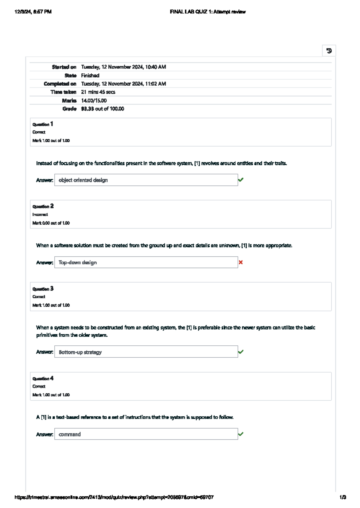 SE Lab 1 - Final Lab Quiz 1 Review and Attempt Summary - Studocu