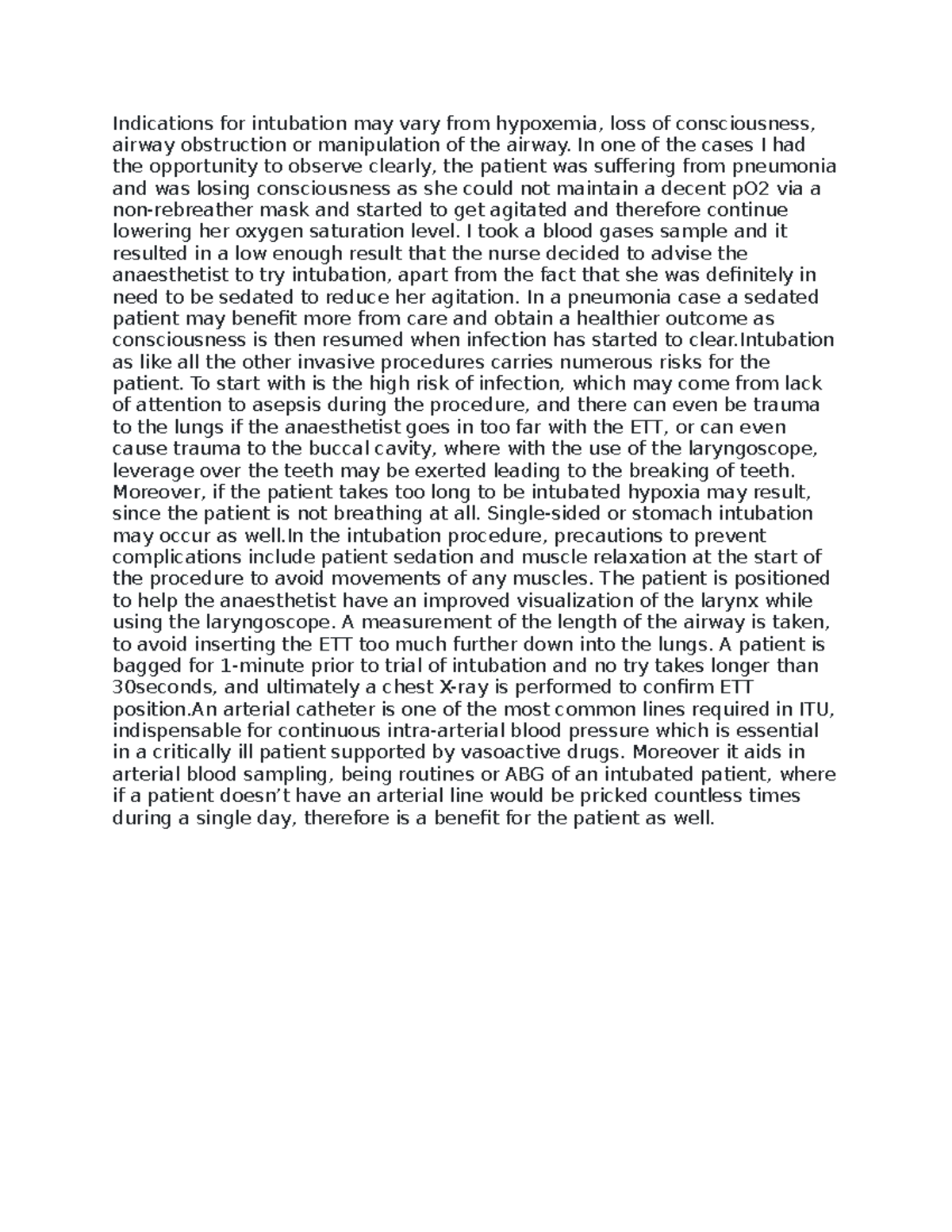 2617 - nursing essay - Indications for intubation may vary from ...