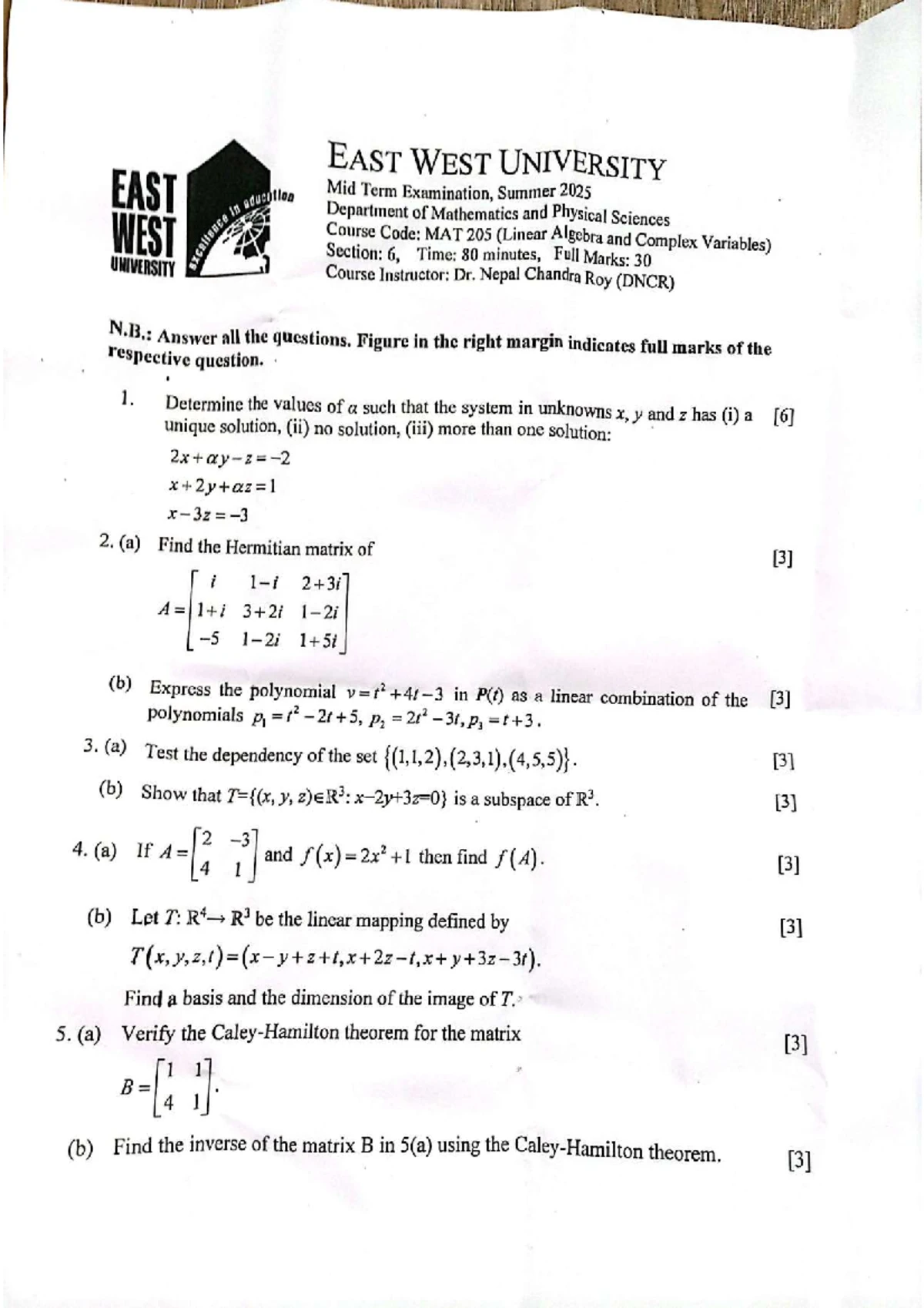 テスト MAT 205 Final Exam: Linear Algebra & Complex Variables - Summer