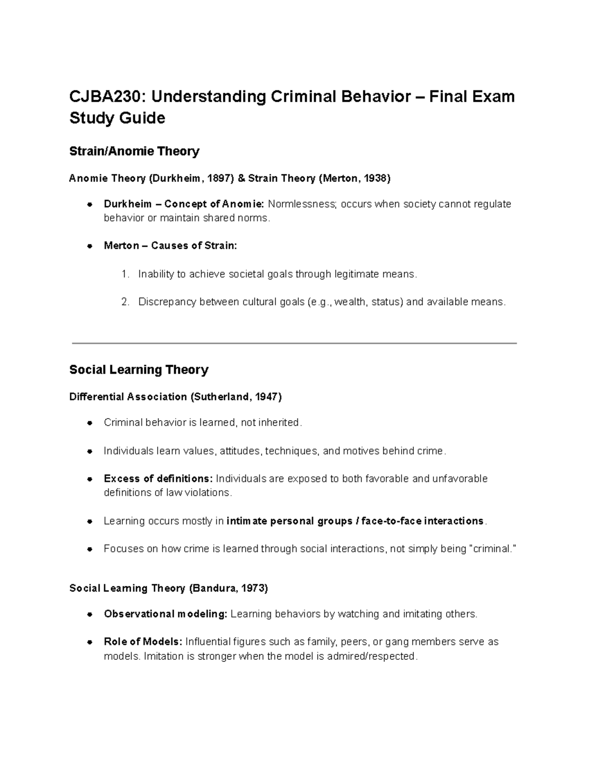 CJBA230: Understanding Criminal Behavior – Final Exam Study Guide - Studocu