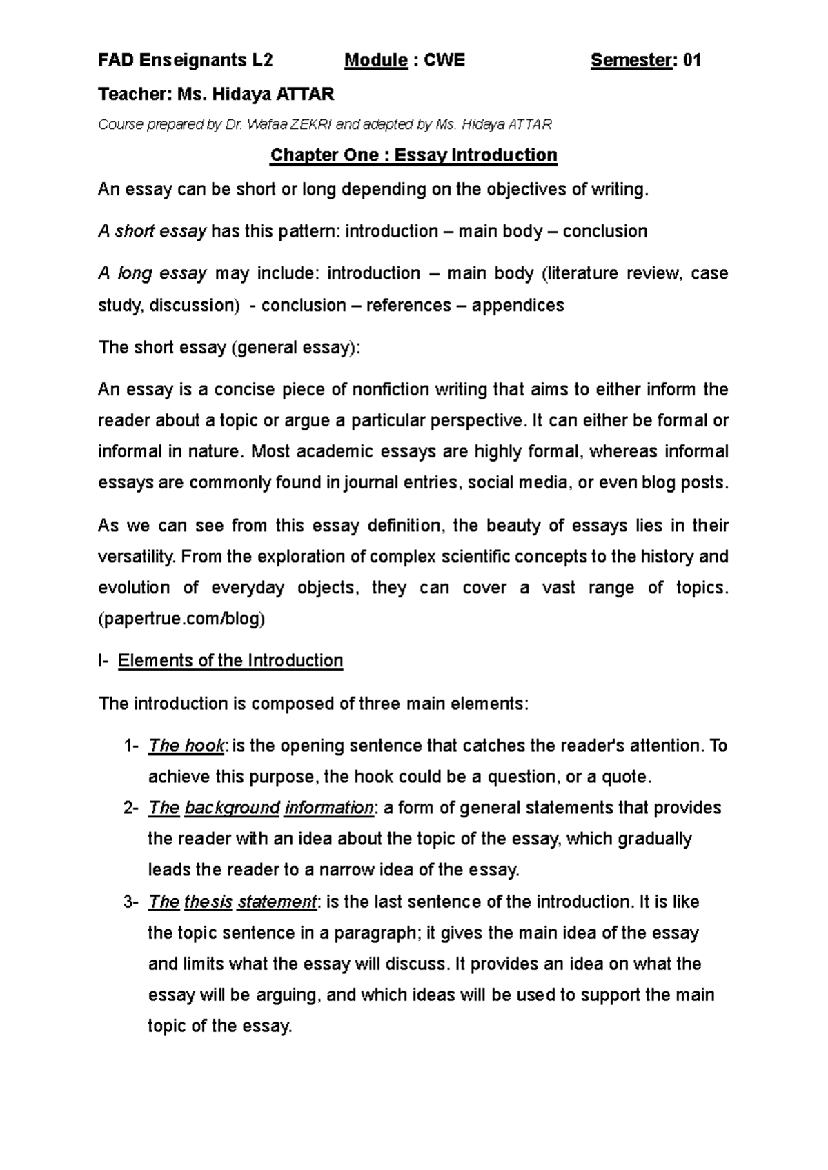 CWE L2 Essay Notes: Introduction to Essay Writing Techniques - Studocu