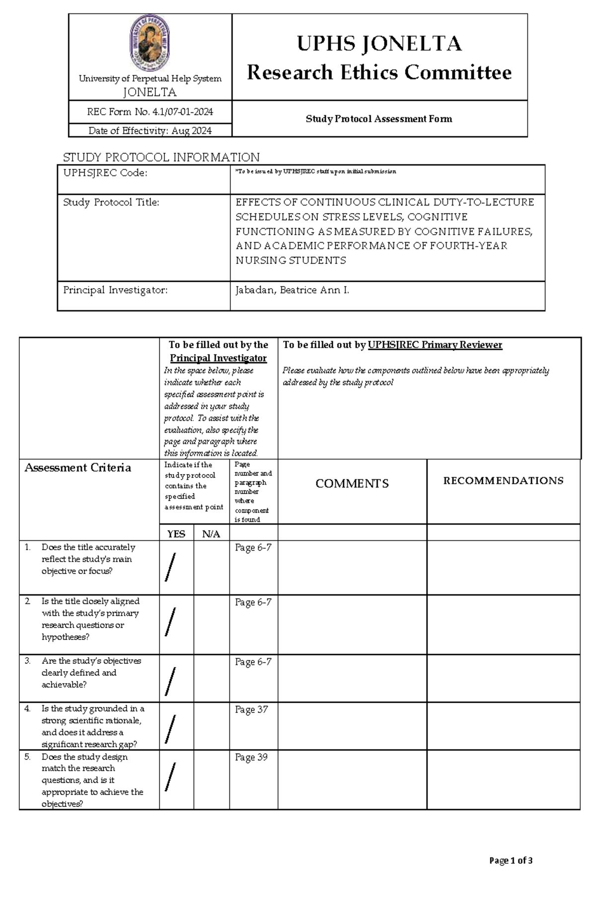 UPHS JONELTA Study Protocol Assessment: Effects of Clinical Schedules ...
