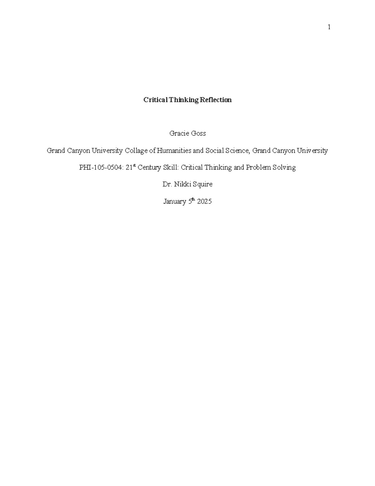 PHI-105-0504: Critical Thinking Reflection & Analysis Essay - Studocu