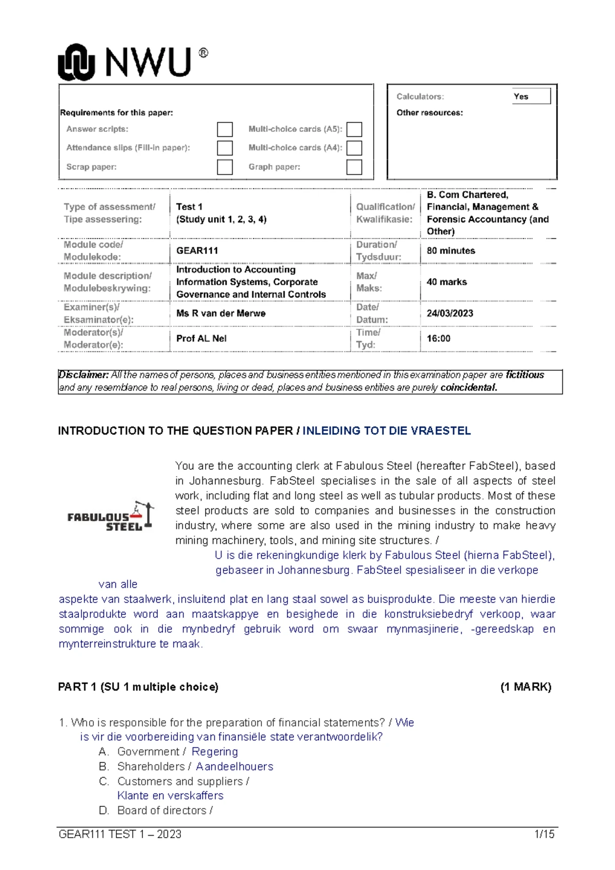 ACCC 122 2024 Class Test 1: Manufacturing & Financial Statements - Studocu