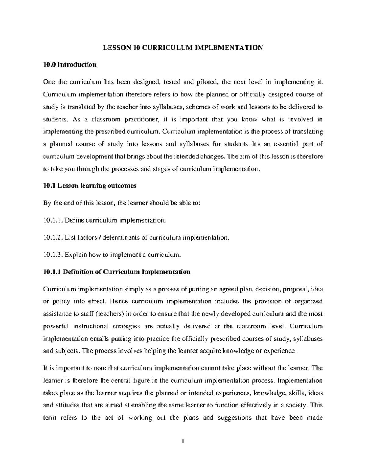 Lesson 10 Curriculum Implementation - LESSON 1 0 CURRICULUM ...