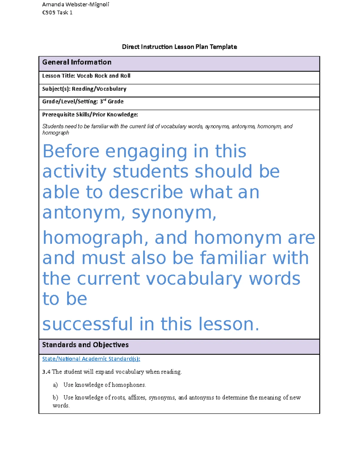 Task 1 C909 - task 1 - Task 1 C Direct Instruction Lesson Plan General ...