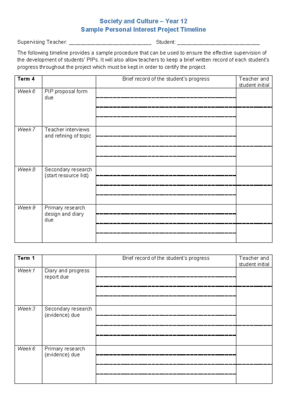 Society and Culture Year 12 Sample PIP Timeline Guide - Studocu