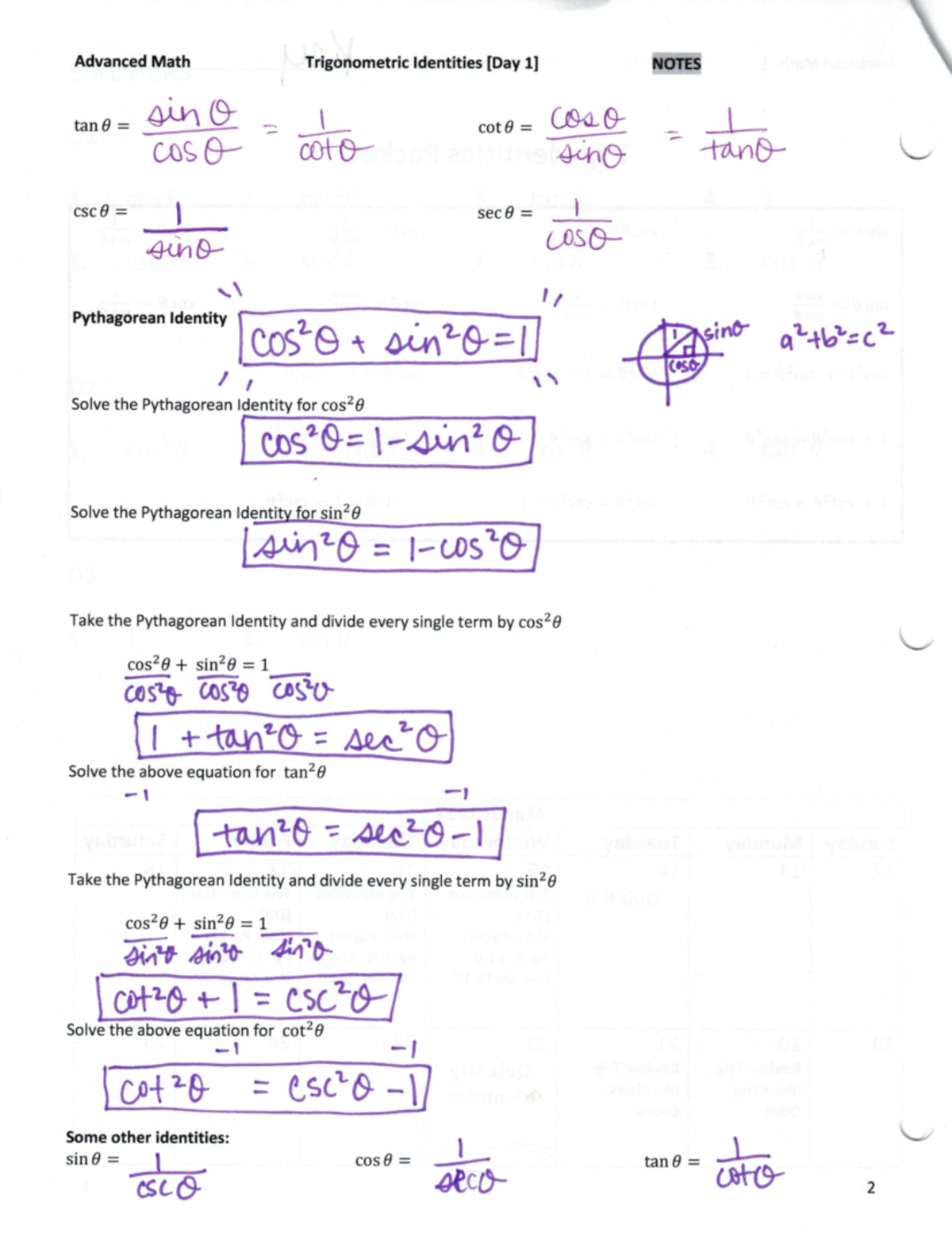 Trig Identities Notes and HW Packet Solution KEY - Advanced Math ...