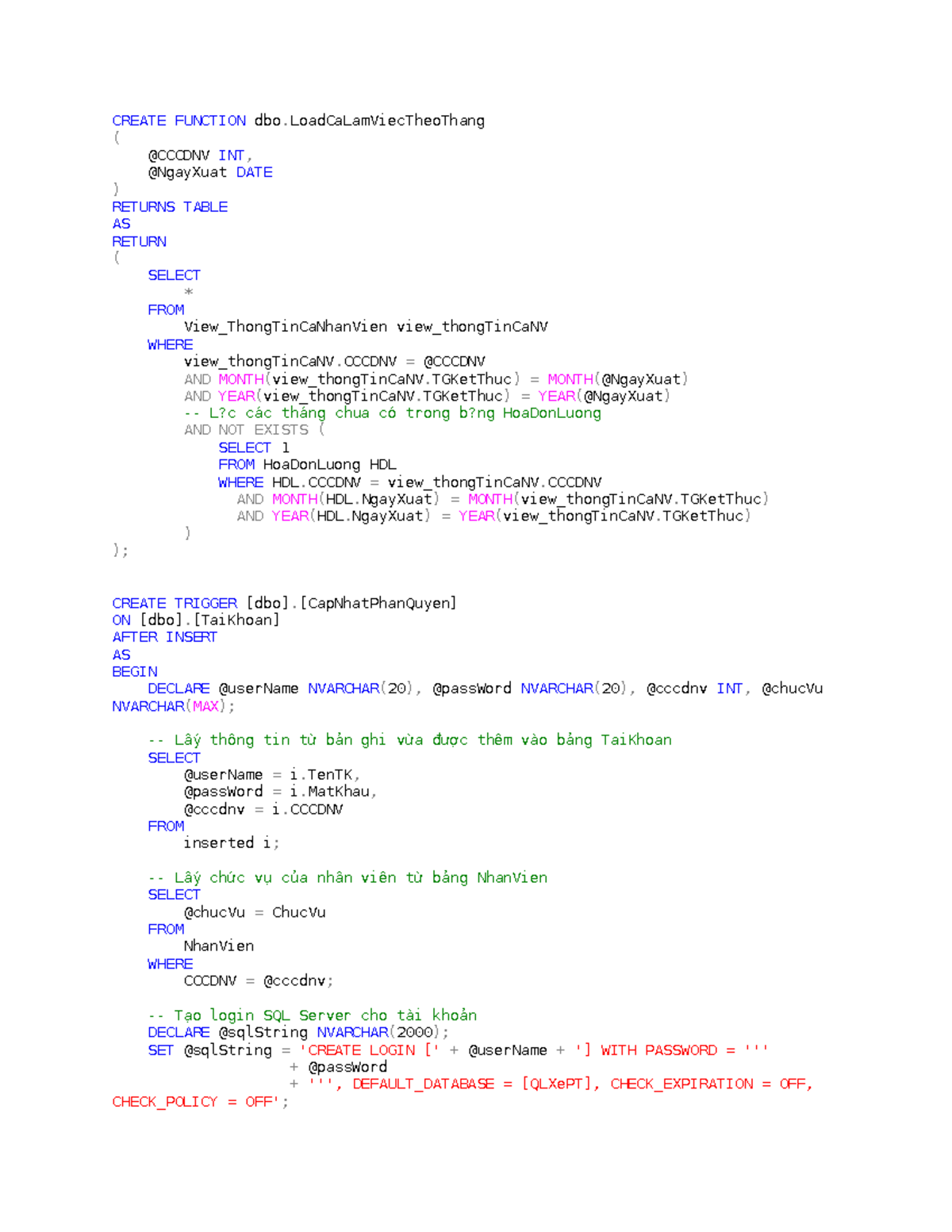 Function & Trigger Creation Code for SQL Server (Pro Hao - 12345) - Studocu