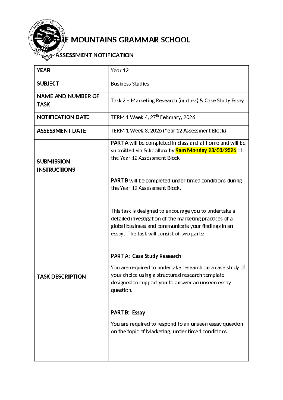 2026 Year 12 Business Studies AT2: Marketing Research Case Study - Studocu
