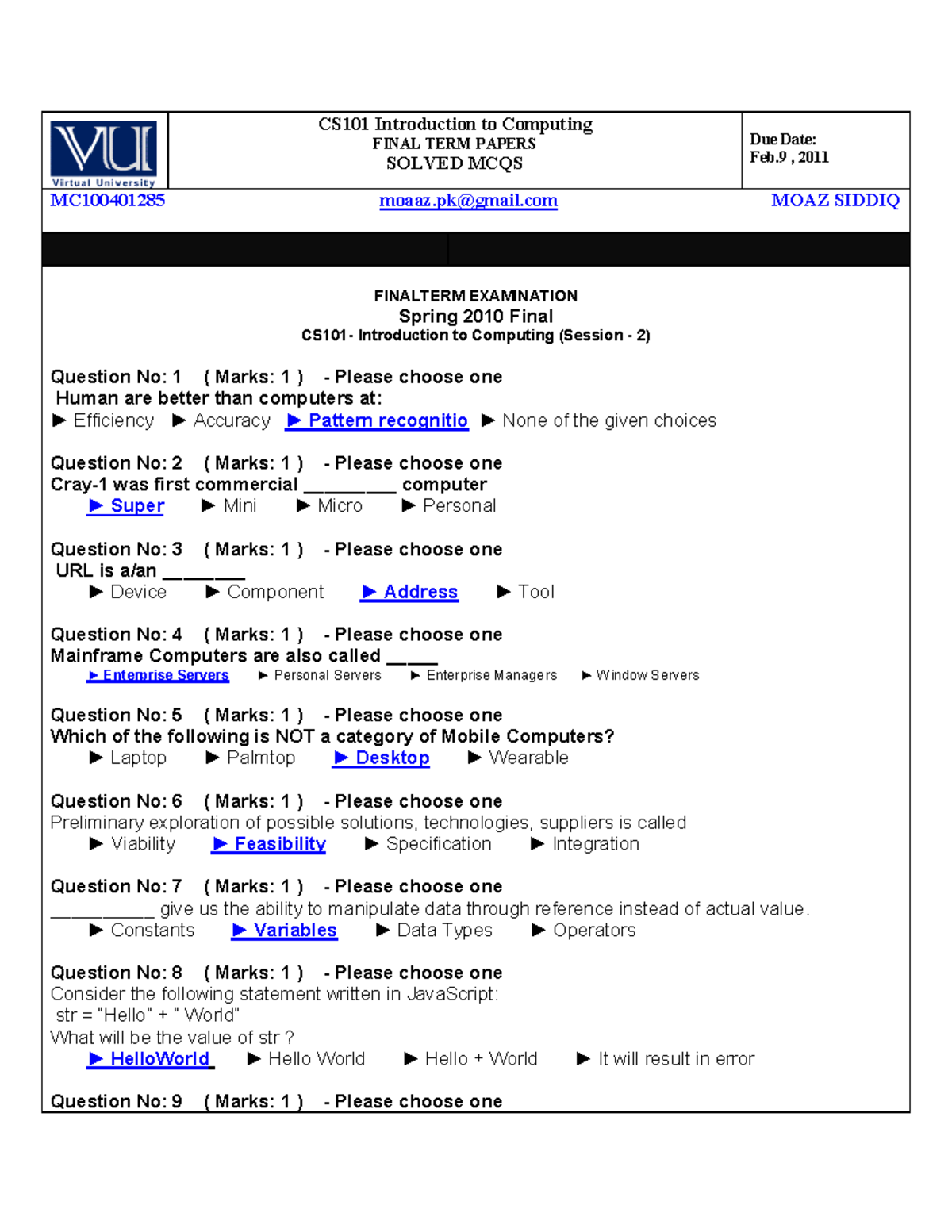 CS101 Final Term Solved MCQs with References - By Moaaz - Studocu