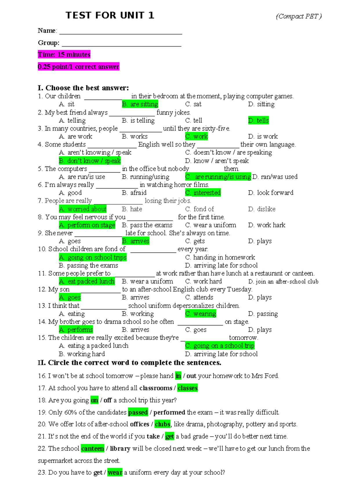 U1 Compact PET Mini Test Answer Key and Questions Guide - Studocu