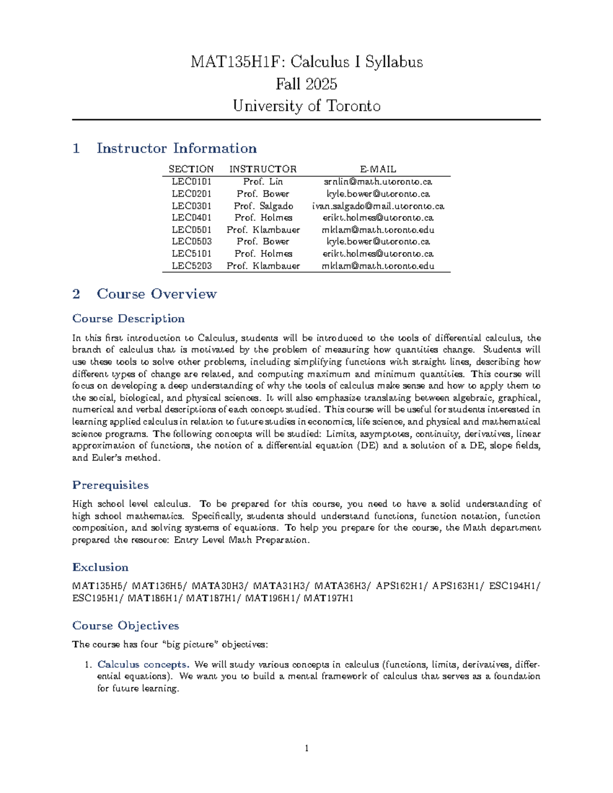 MAT135H1F: Calculus I Syllabus for Life Sciences - Fall 2025 - Studocu