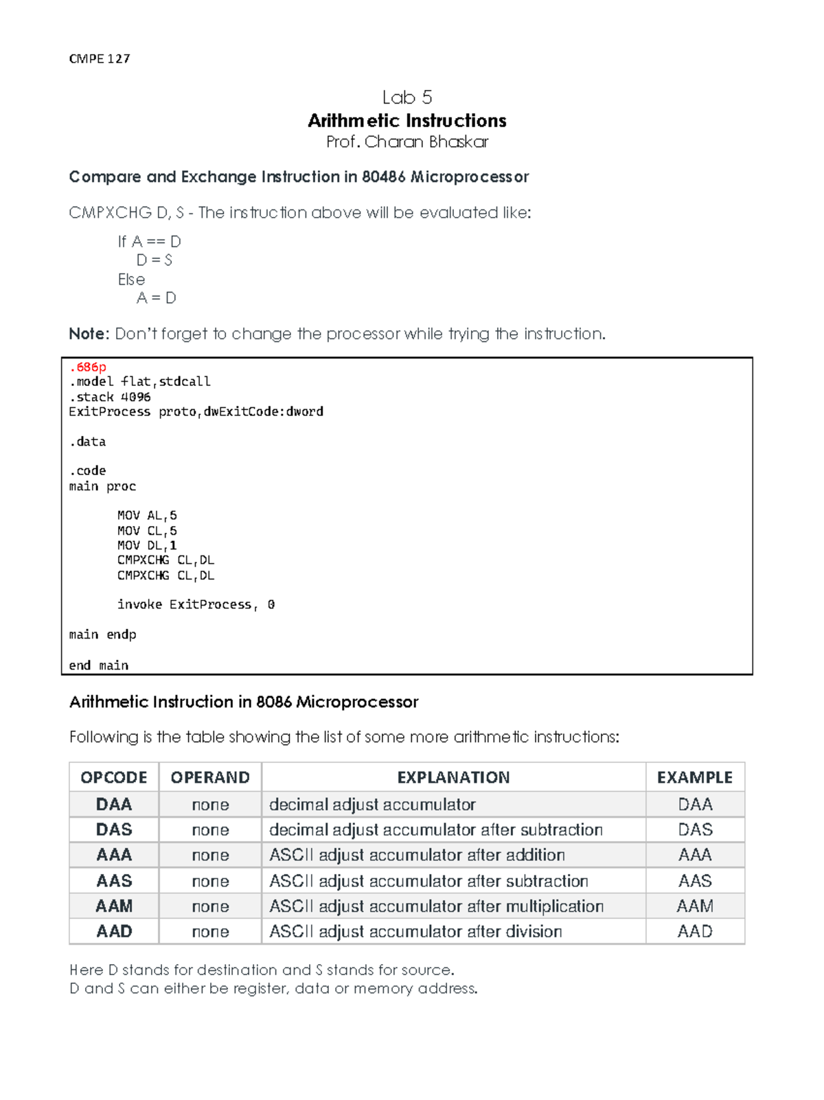 CMPE 127 Lab 5: Arithmetic Instructions in 8086/80486 Microprocessors ...