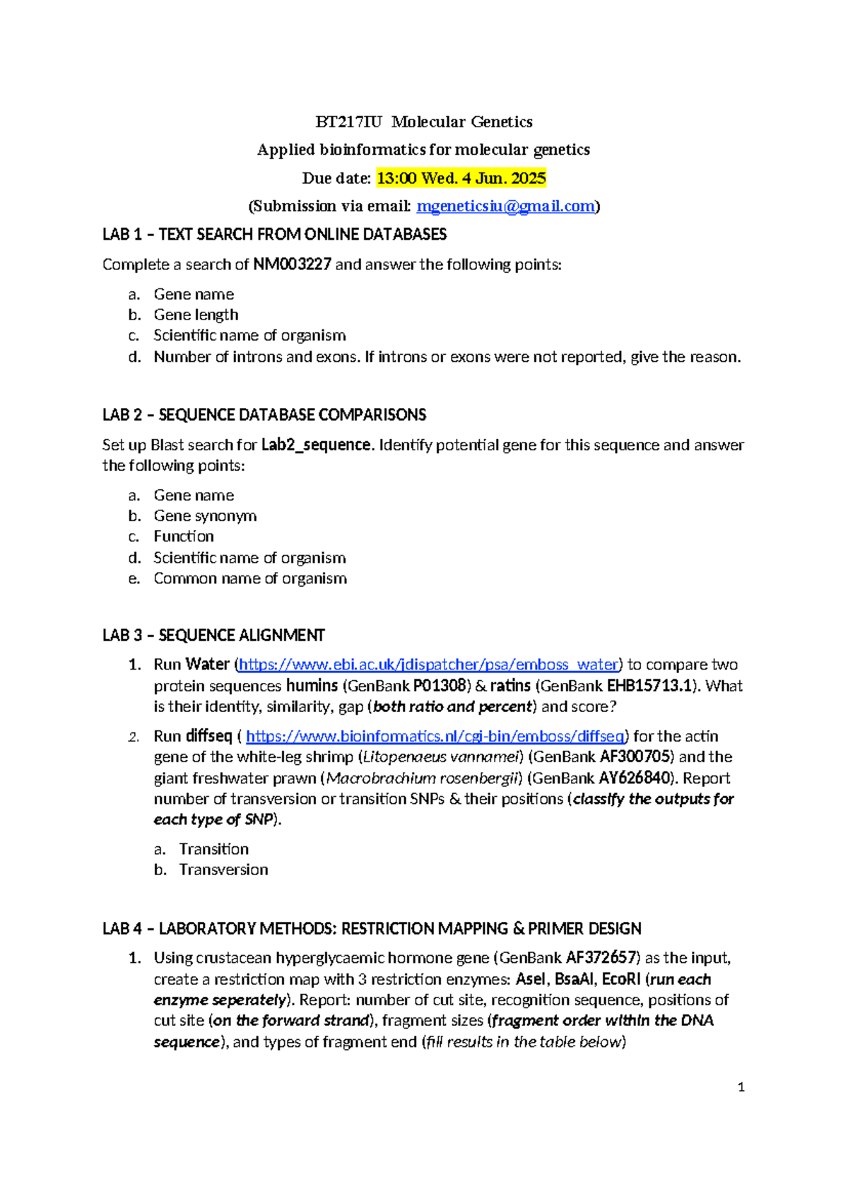 BT217IU Molecular Genetics: Bioinformatics Assignment Overview - Studocu