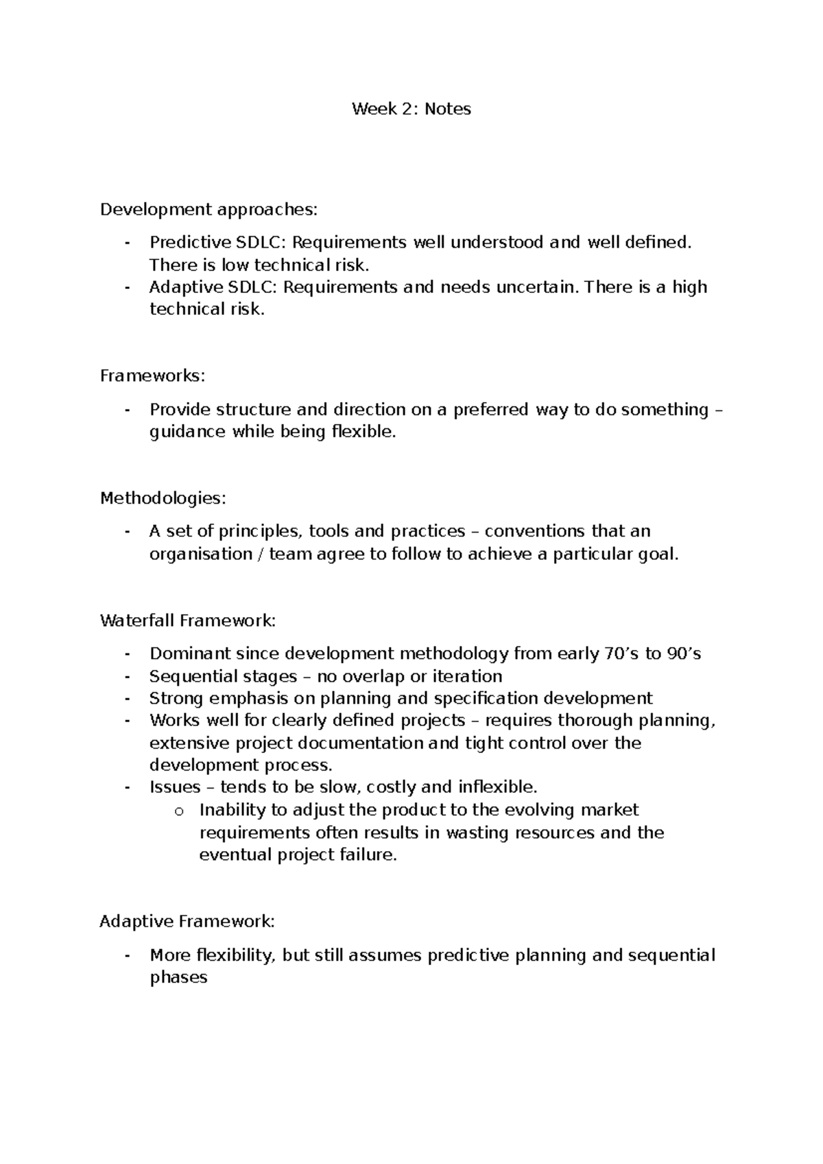 FIT2001: Week 2 Notes on Development Approaches and Agile Frameworks ...
