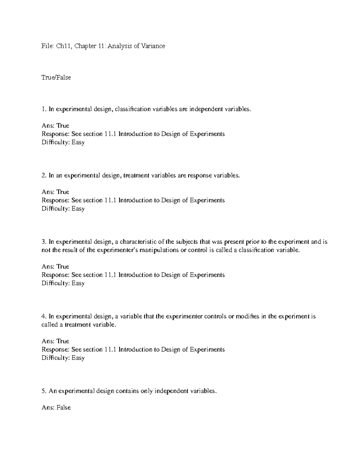Chapter 11 Test Bank: Analysis of Variance (ANOVA) Solutions - Studocu