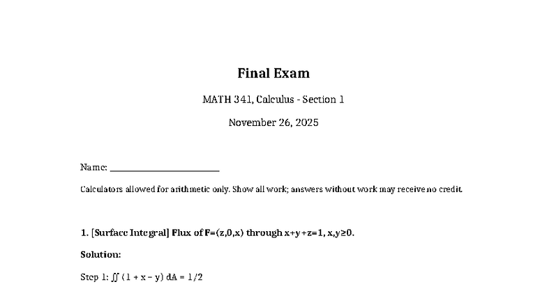Final Exam Solutions for MATH 341, Calculus Section 1 - Studocu
