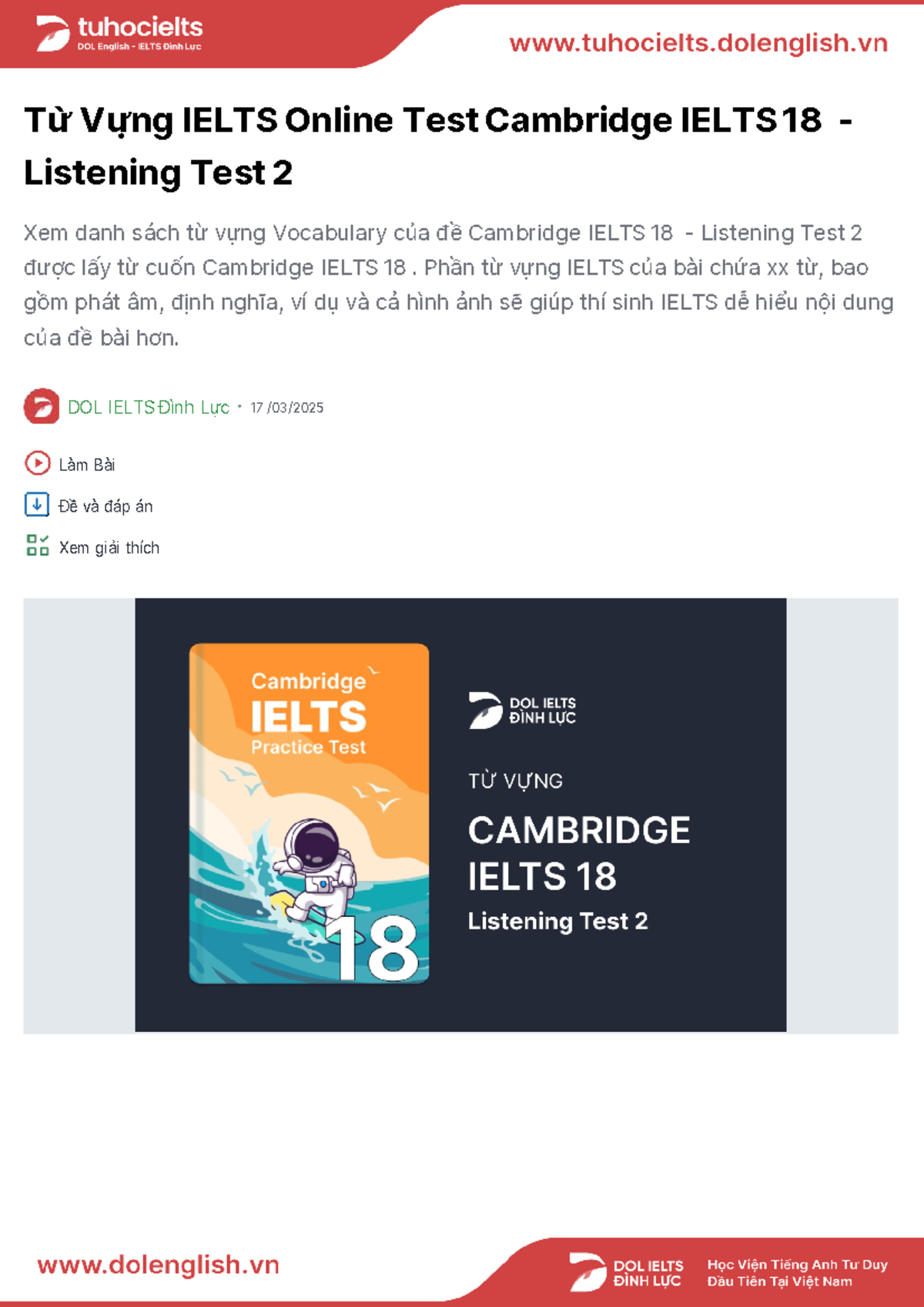 Cambridge IELTS 18 - Listening Test 2 Vocabulary Guide - Studocu