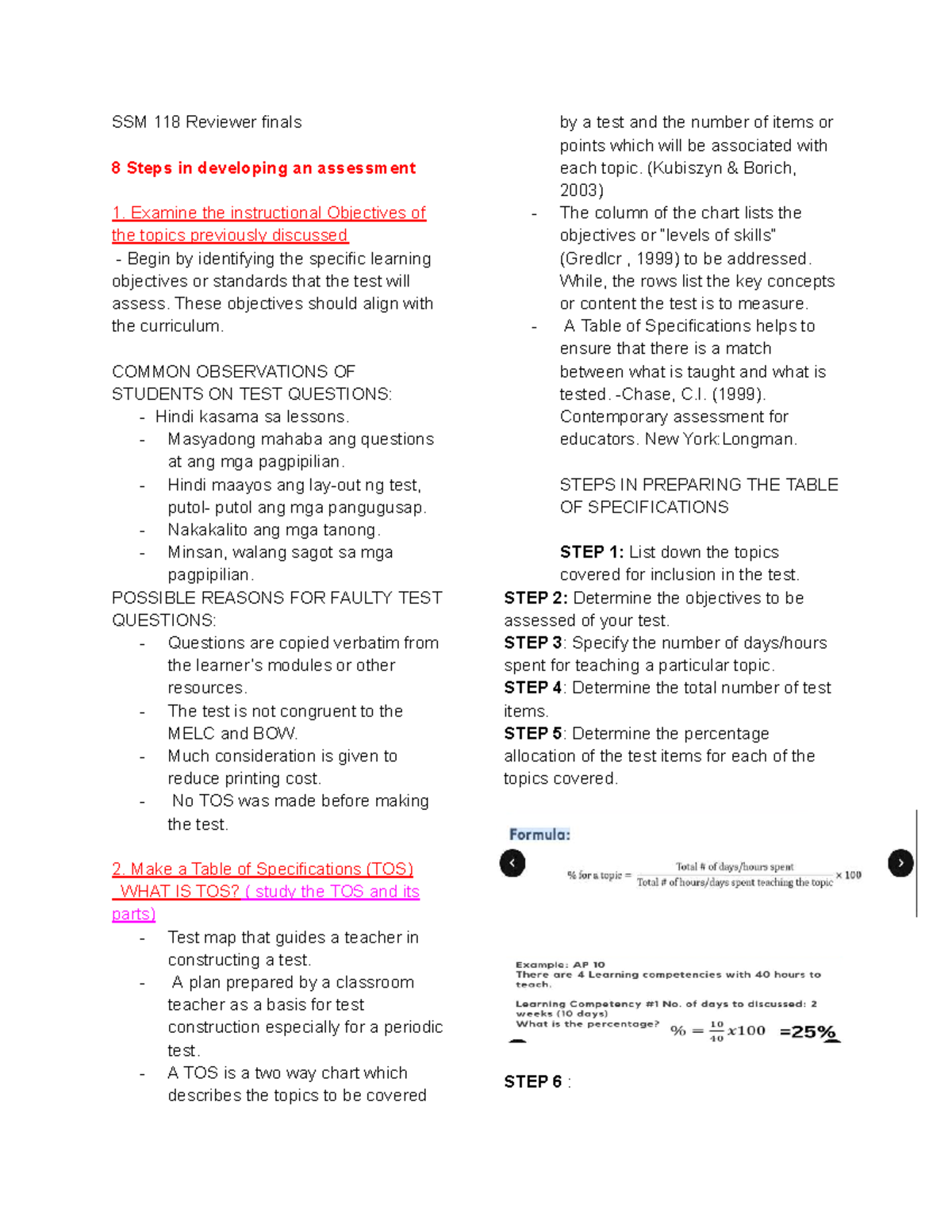 SSM 118 Final Exam Reviewer: 8 Steps for Effective Assessment ...