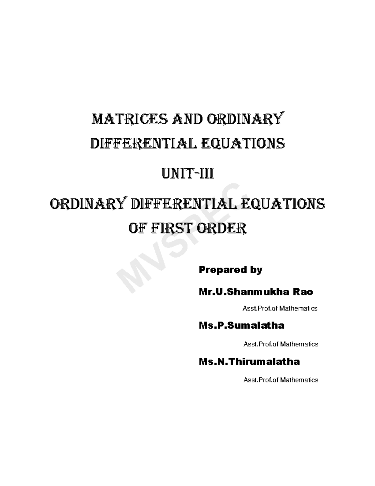 MATH 101: Unit-III Ordinary Differential Equations of First Order - Studocu