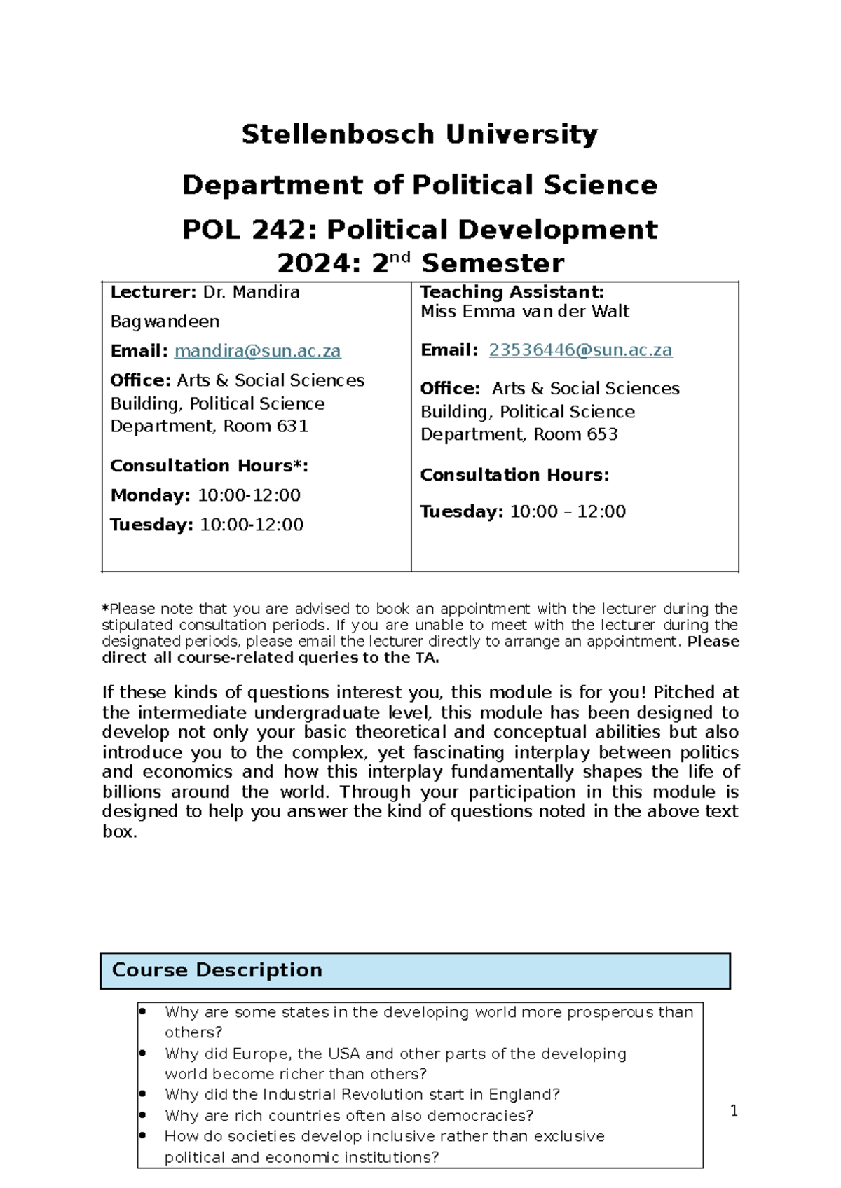 POL 242 Course Outline: Political Development 2024 Semester 2 - Studocu