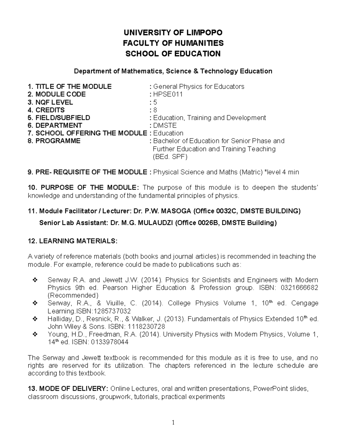 2025 HPSE011 General Physics for Educators Course Outline and Details ...