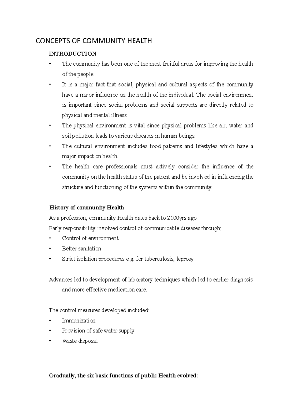 Lecture 1, 2, 3 - Community Health Concepts and Revision Notes - Studocu