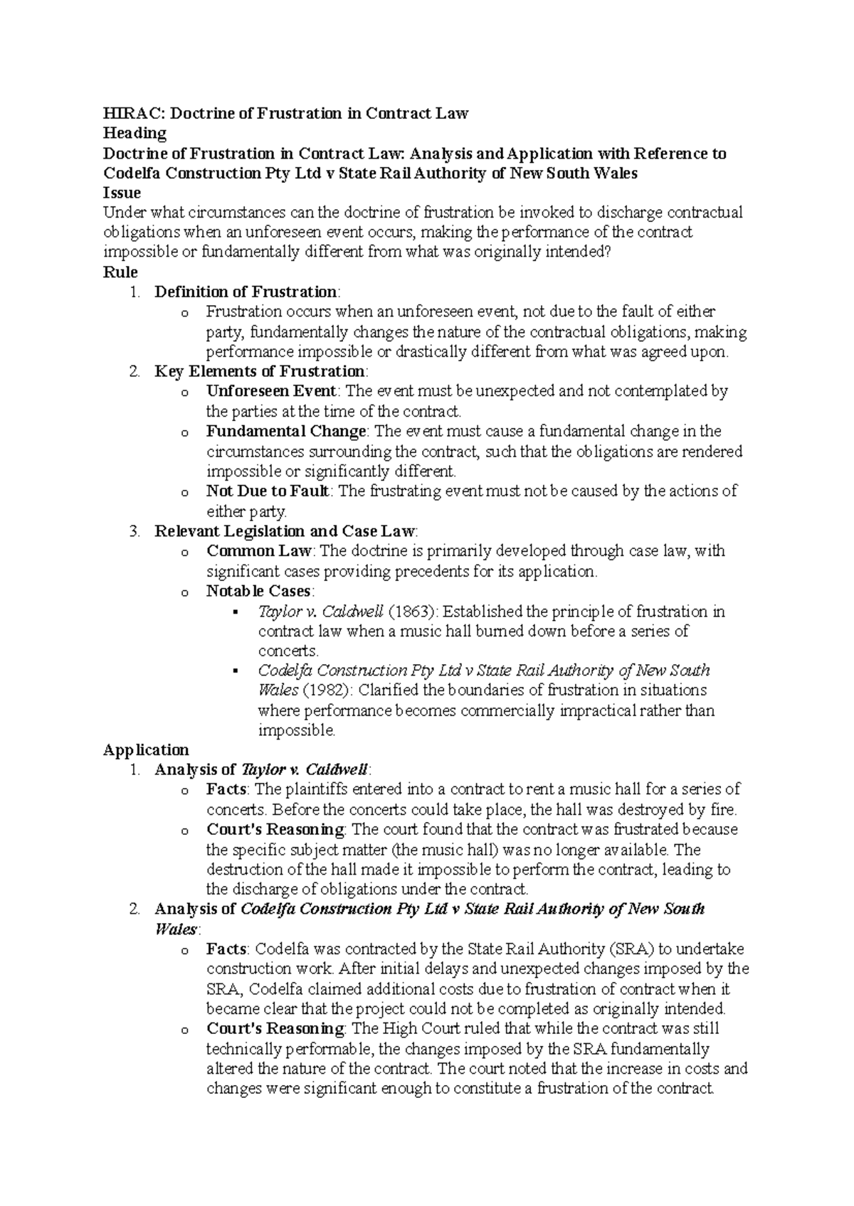 Final Exam Notes on Doctrine of Frustration in Contract Law (LAW101 ...