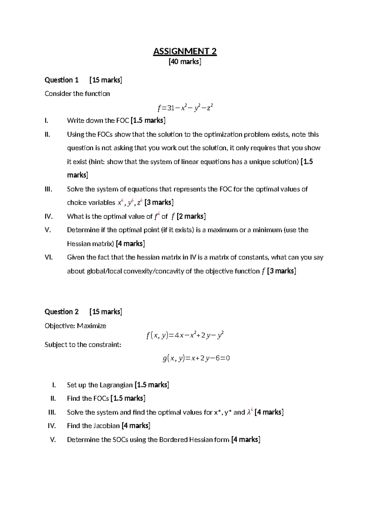 Assignment 2: Optimization Problems and FOCs Analysis - Studocu