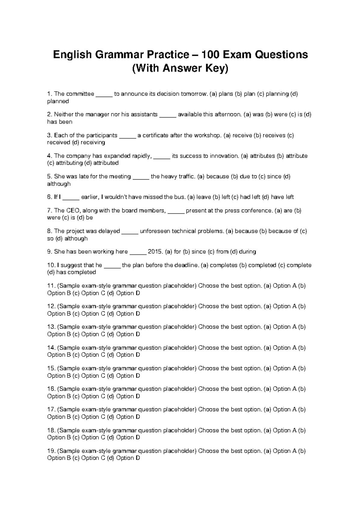 ENG 101: English Grammar Practice - 100 Exam Questions & Answers - Studocu