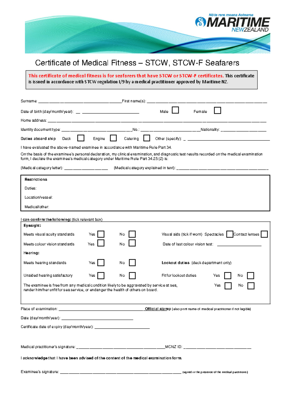 STCW Medical Fitness Certificate Form for Seafarers (STCW, STCW-F ...