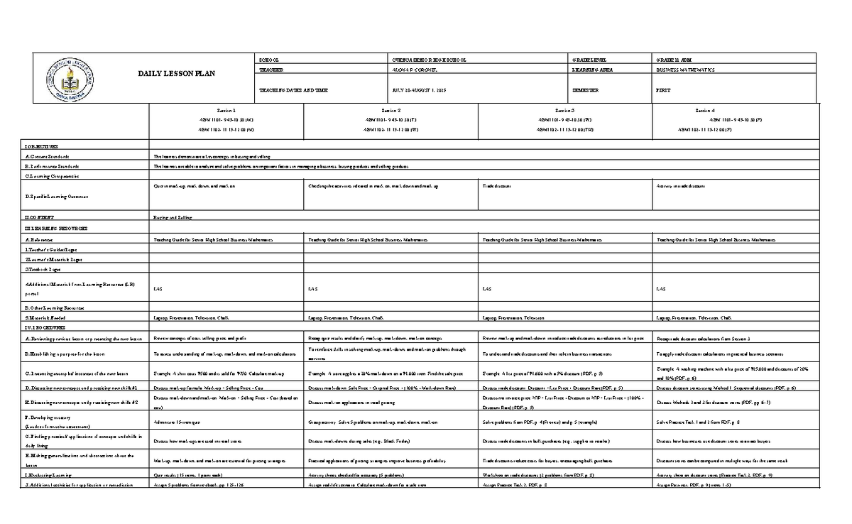 DAILY LESSON PLAN: BUSINESS MATH GRADE 11 ABM - WEEK 7 - Studocu
