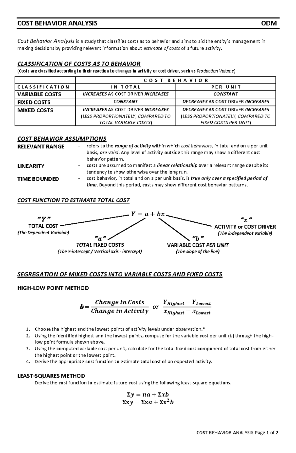 COST BEHAVIOR ANALYSIS ODM: Understanding Cost Classifications and ...