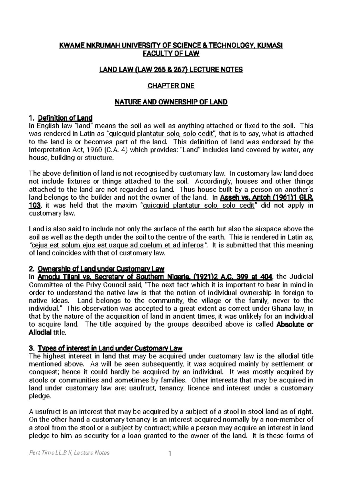 Land Law Lecture Notes (Part Time LL.B II) - Chapter 1 Overview - Studocu