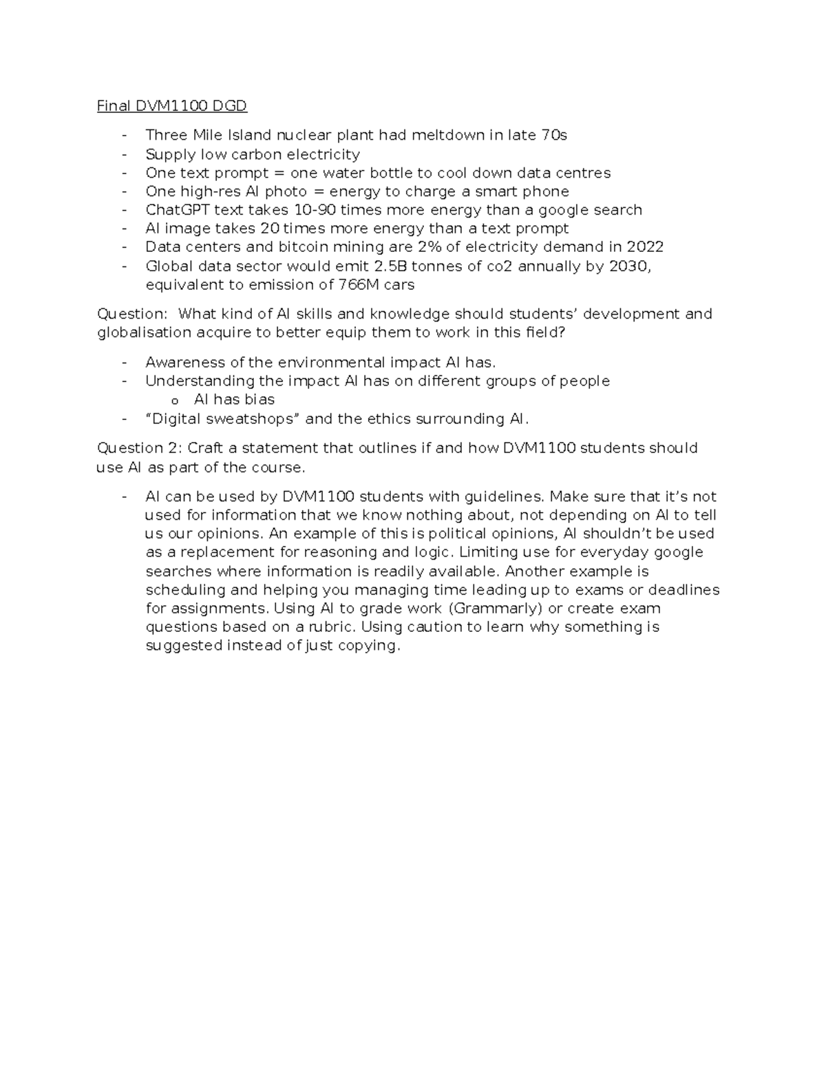 DVM1100 Final DGD Notes: AI's Environmental Impact & Ethical Use - Studocu