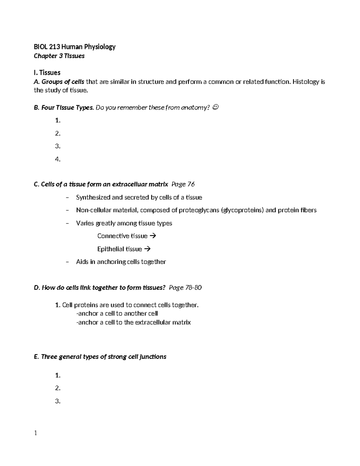 BIOL 213 Human Physiology Chapter 3 Tissue Outline for Exam Prep - Studocu