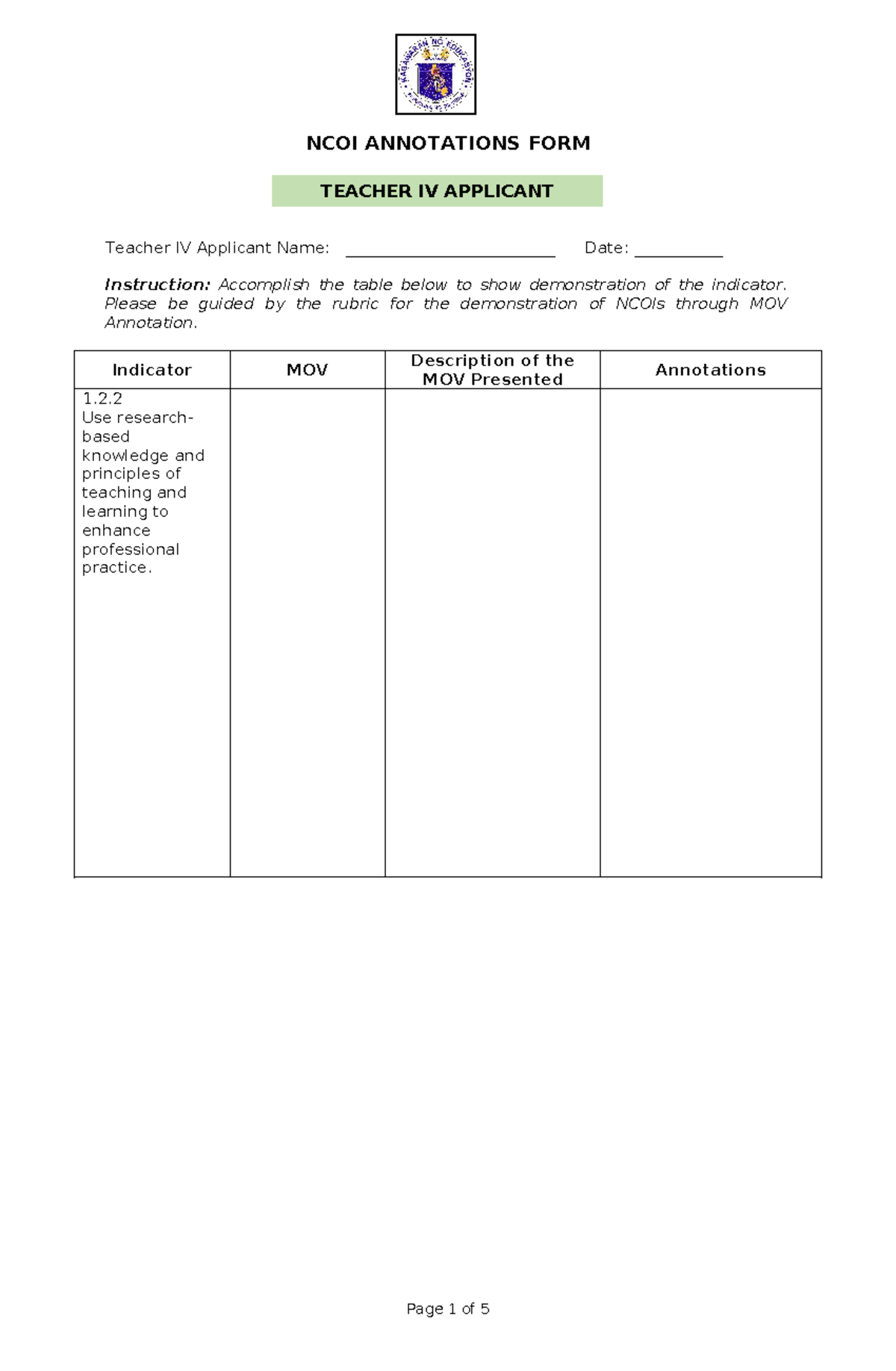 NCOI Annotations Form for Teacher IV Applicant Evaluation - Studocu