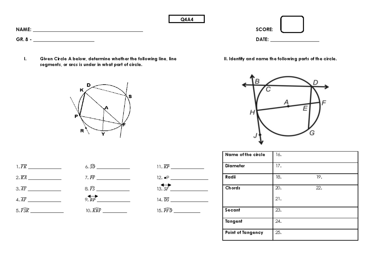 Q4A4 Geometry: Circle Parts Identification and Analysis - Studocu