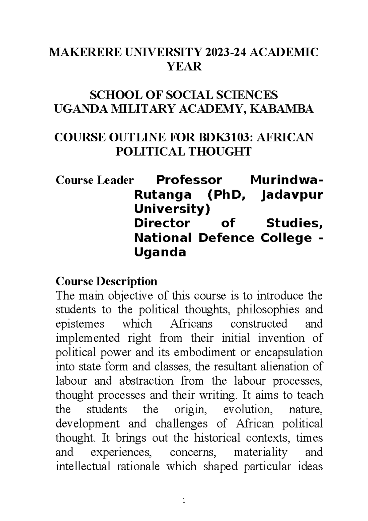 BDK3103: African Political Thought Course Outline for 2023-2024 - Document Preview